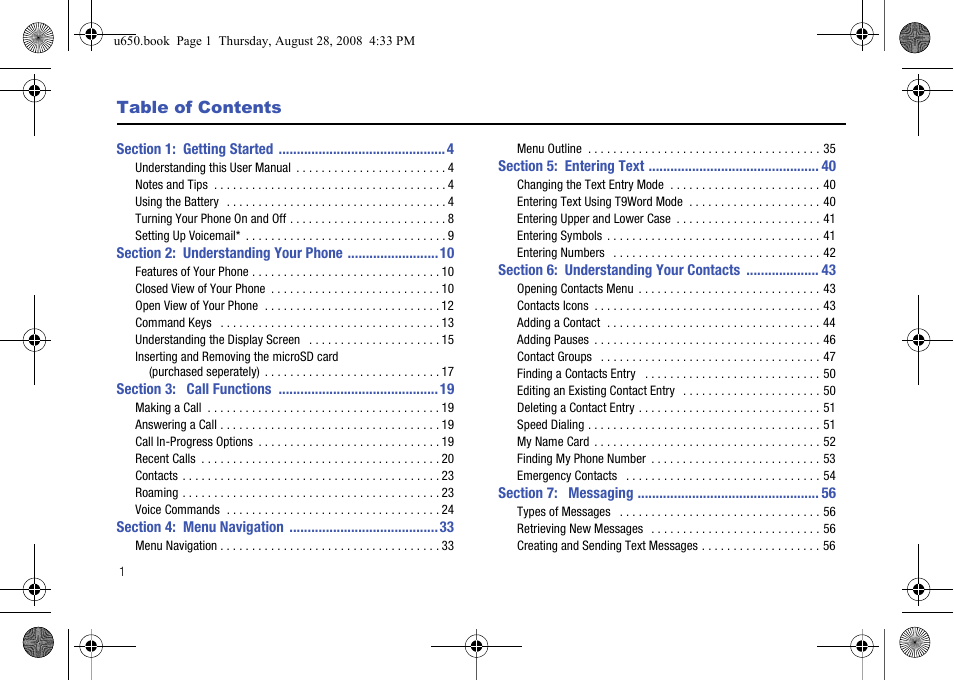 Section 1: getting started 4, Section 2: understanding your phone 10, Section 3: call functions 19 | Section 4: menu navigation 33, Section 5: entering text 40, Section 6: understanding your contacts 43, Section 7: messaging 56 | Samsung SCH-U650PSAVZW User Manual | Page 4 / 156