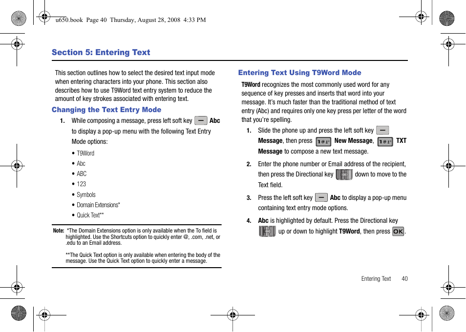 Section 5: entering text, Changing the text entry mode, Entering text using t9word mode | Samsung SCH-U650PSAVZW User Manual | Page 43 / 156