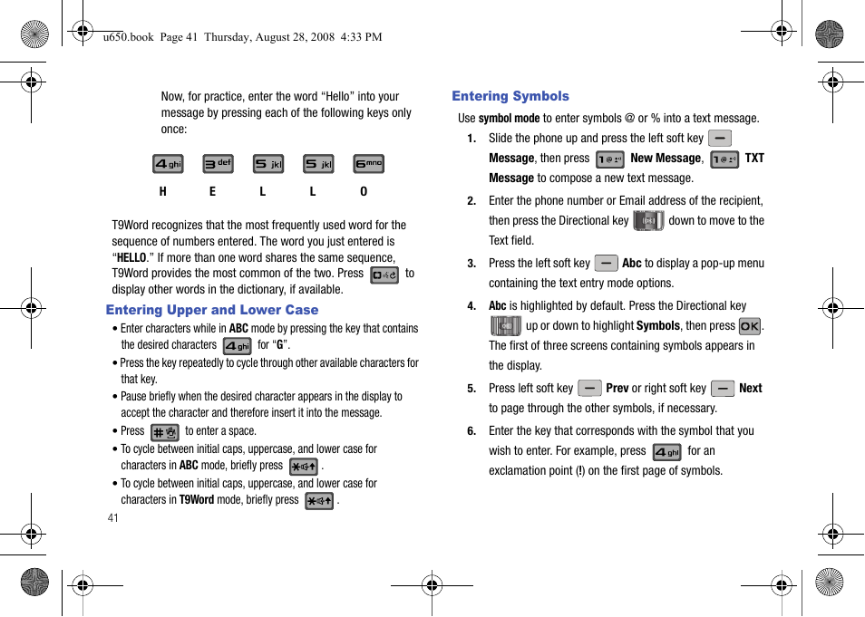 Entering upper and lower case, Entering symbols, Entering upper and lower case entering symbols | Samsung SCH-U650PSAVZW User Manual | Page 44 / 156