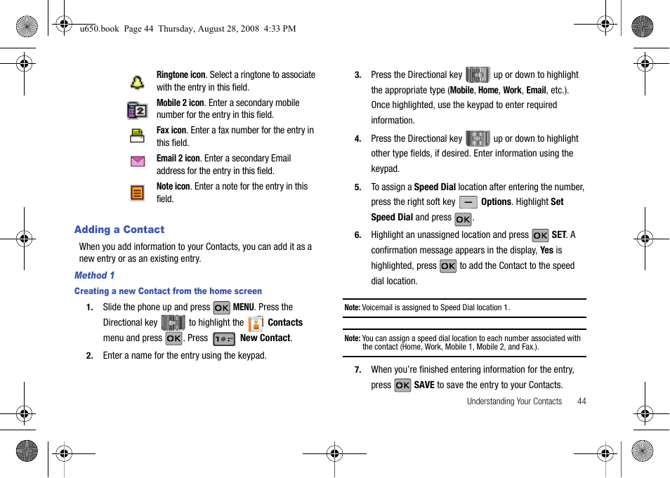 Adding a contact, Method 1 | Samsung SCH-U650PSAVZW User Manual | Page 47 / 156