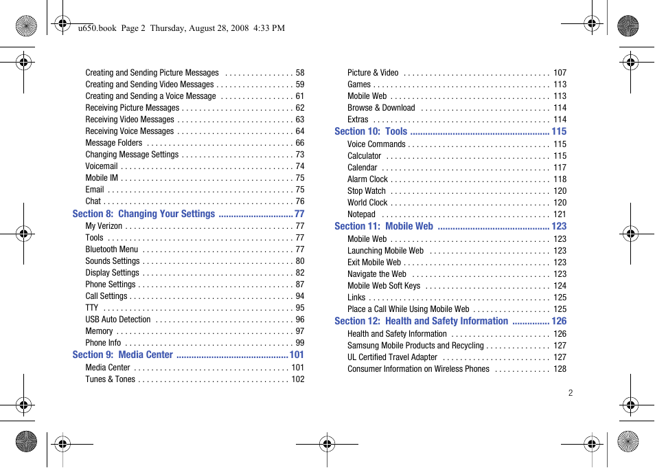 Section 8: changing your settings 77, Section 9: media center 101, Section 10: tools 115 | Section 11: mobile web 123, Section 12: health and safety information 126 | Samsung SCH-U650PSAVZW User Manual | Page 5 / 156