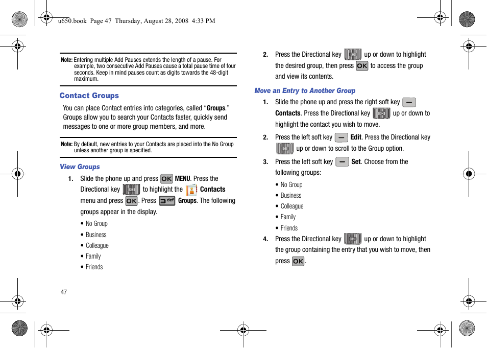 Contact groups, View groups, Move an entry to another group | Samsung SCH-U650PSAVZW User Manual | Page 50 / 156