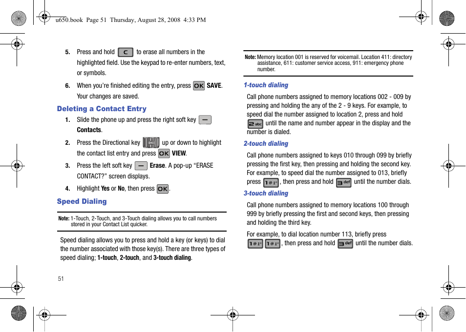 Deleting a contact entry, Speed dialing, Touch dialing | Deleting a contact entry speed dialing | Samsung SCH-U650PSAVZW User Manual | Page 54 / 156