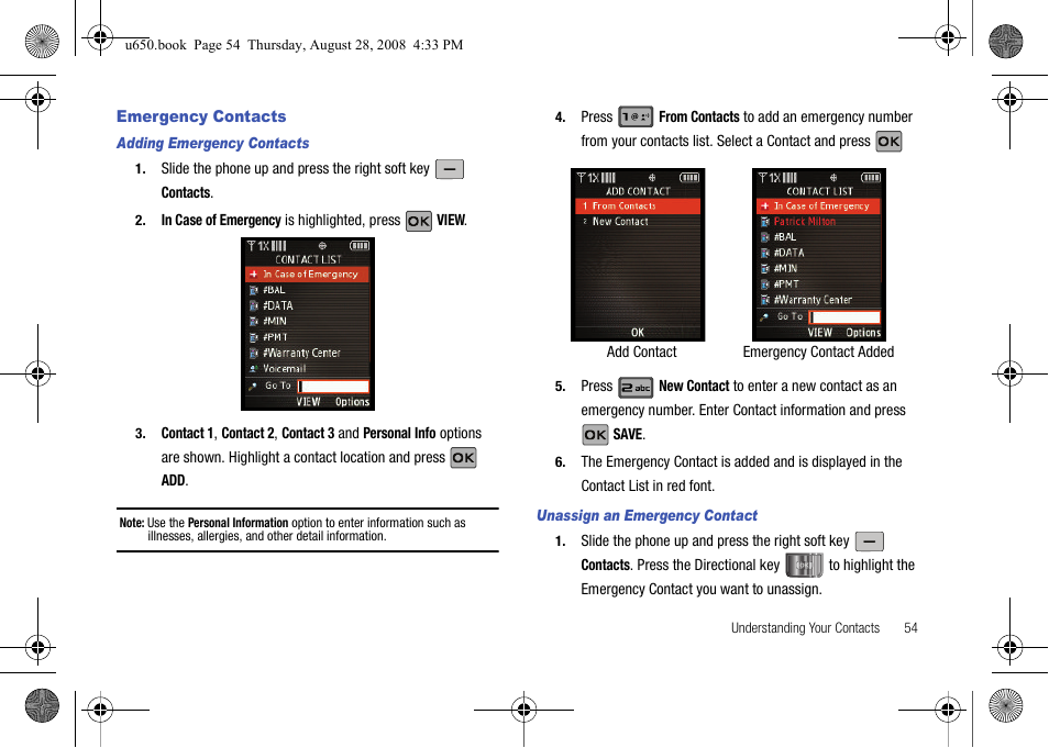 Emergency contacts, Adding emergency contacts, Unassign an emergency contact | Samsung SCH-U650PSAVZW User Manual | Page 57 / 156