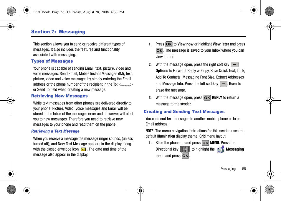 Section 7: messaging, Types of messages, Retrieving new messages | Retrieving a text message, Creating and sending text messages, For more, Information, refer to “creating and sending text | Samsung SCH-U650PSAVZW User Manual | Page 59 / 156