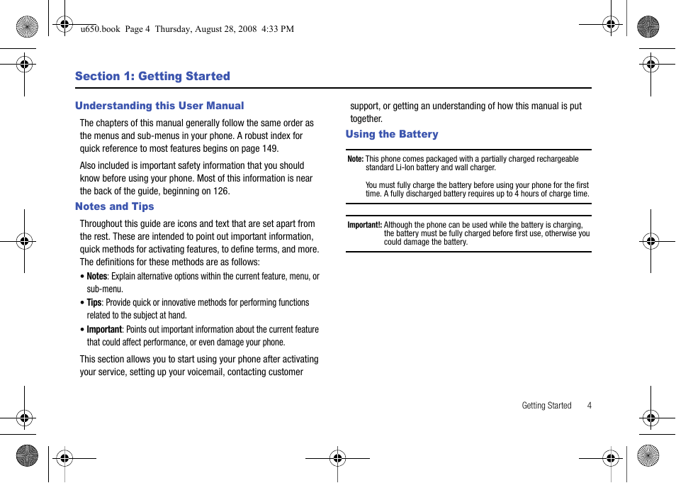 Section 1: getting started, Understanding this user manual, Notes and tips | Using the battery | Samsung SCH-U650PSAVZW User Manual | Page 7 / 156