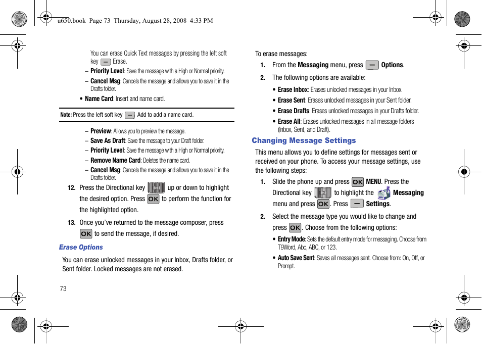 Erase options, Changing message settings | Samsung SCH-U650PSAVZW User Manual | Page 76 / 156