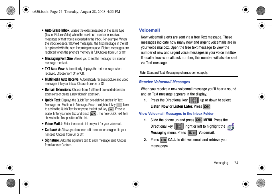 Voicemail, Receive voicemail messages | Samsung SCH-U650PSAVZW User Manual | Page 77 / 156