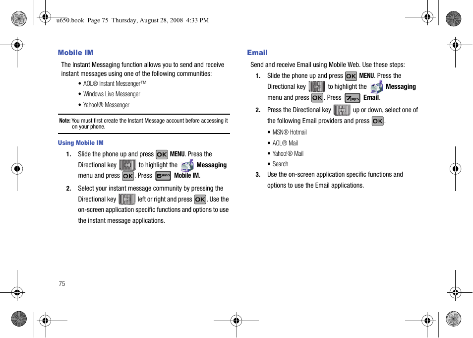 Mobile im, Email, Mobile im email | Samsung SCH-U650PSAVZW User Manual | Page 78 / 156