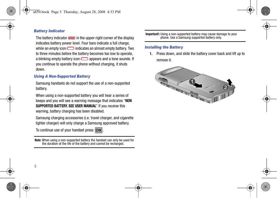 Battery indicator, Using a non-supported battery, Installing the battery | Samsung SCH-U650PSAVZW User Manual | Page 8 / 156