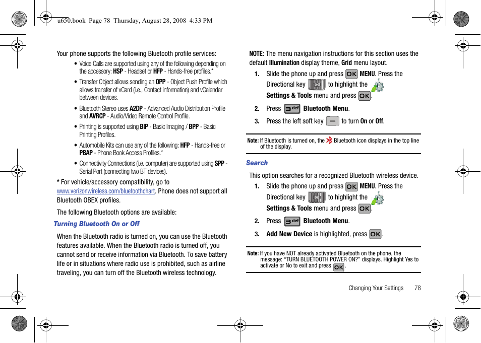 Turning bluetooth on or off, Search | Samsung SCH-U650PSAVZW User Manual | Page 81 / 156