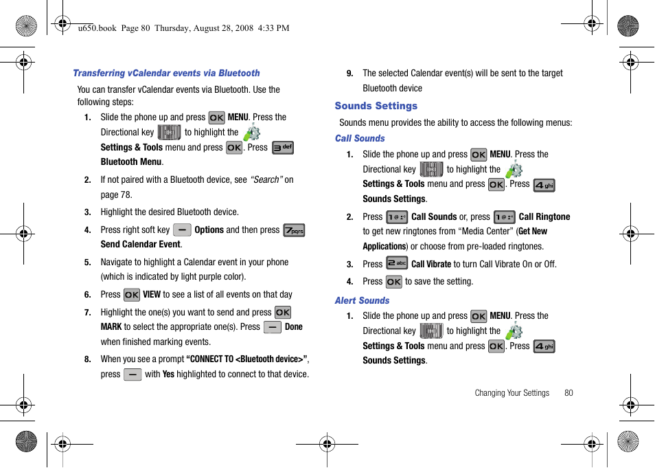 Transferring vcalendar events via bluetooth, Sounds settings, Call sounds | Alert sounds | Samsung SCH-U650PSAVZW User Manual | Page 83 / 156