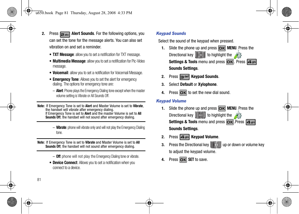 Keypad sounds, Keypad volume | Samsung SCH-U650PSAVZW User Manual | Page 84 / 156