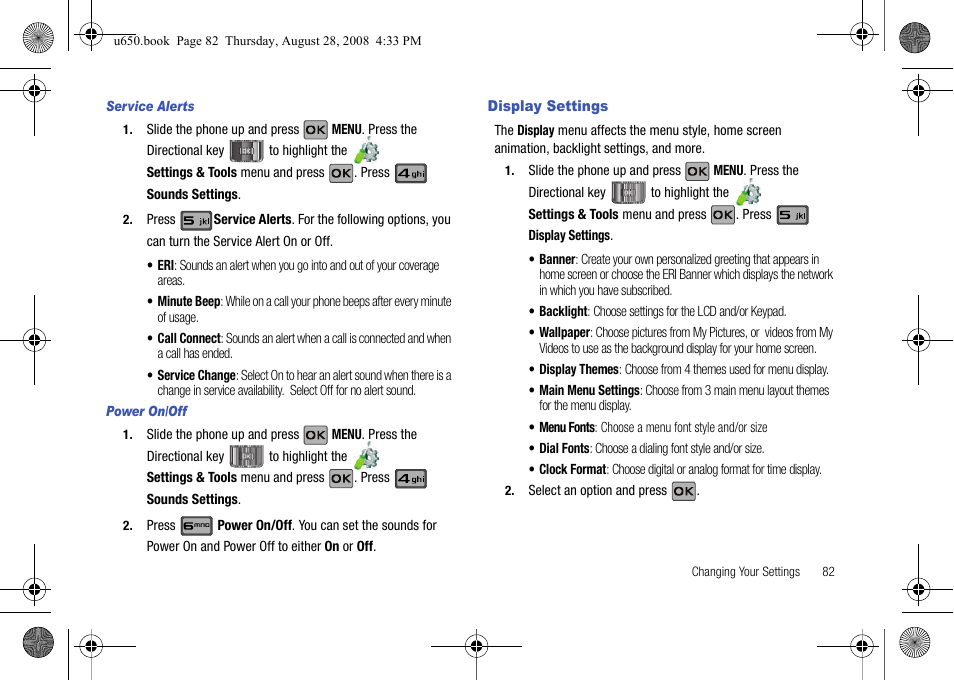 Service alerts, Power on/off, Display settings | Samsung SCH-U650PSAVZW User Manual | Page 85 / 156