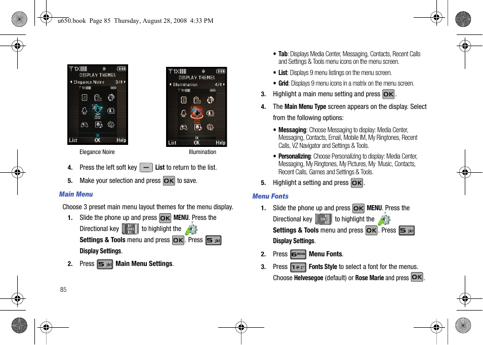 Main menu, Menu fonts | Samsung SCH-U650PSAVZW User Manual | Page 88 / 156