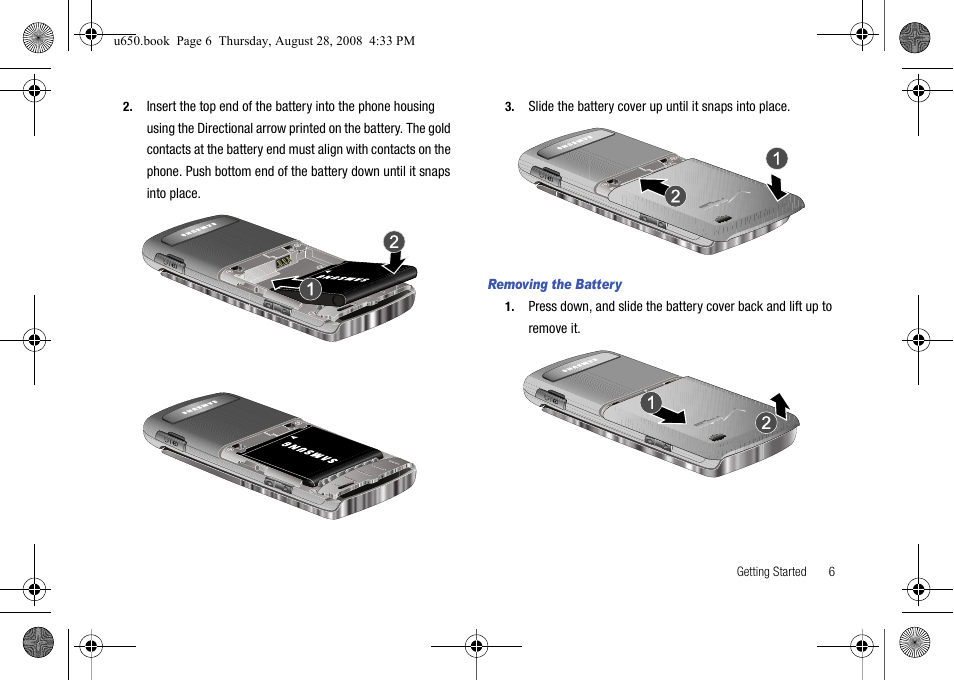 Removing the battery | Samsung SCH-U650PSAVZW User Manual | Page 9 / 156