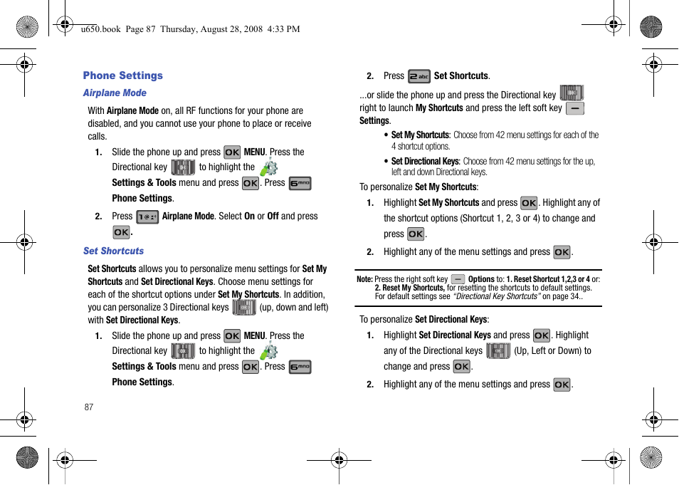 Phone settings, Airplane mode, Set shortcuts | Samsung SCH-U650PSAVZW User Manual | Page 90 / 156