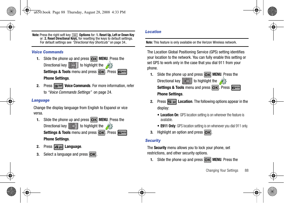 Voice commands, Language, Location | Security | Samsung SCH-U650PSAVZW User Manual | Page 91 / 156