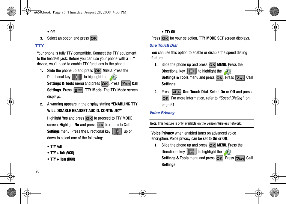 One touch dial, Voice privacy | Samsung SCH-U650PSAVZW User Manual | Page 98 / 156