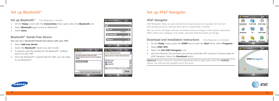 Set up at&t navigator set up bluetooth, Set up bluetooth, Bluetooth® hands-free device | At&t navigator, Download and installation instructions | Samsung SGH-I907ZKAATT User Manual | Page 15 / 23