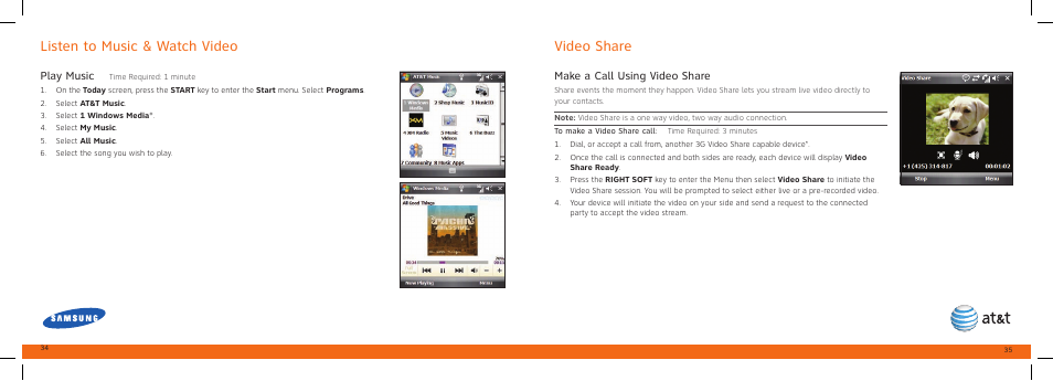 Video share listen to music & watch video, Play music, Make a call using video share | Samsung SGH-I907ZKAATT User Manual | Page 18 / 23