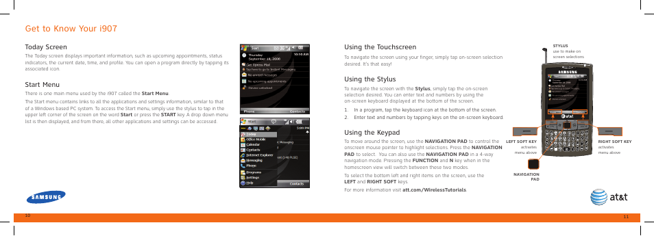 Get to know your i907, Today screen, Start menu | Using the touchscreen, Using the stylus, Using the keypad | Samsung SGH-I907ZKAATT User Manual | Page 6 / 23