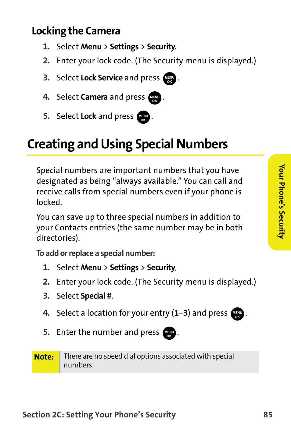 Locking the camera, Creating and using special numbers | Samsung SPH-M300ISASPR User Manual | Page 109 / 268