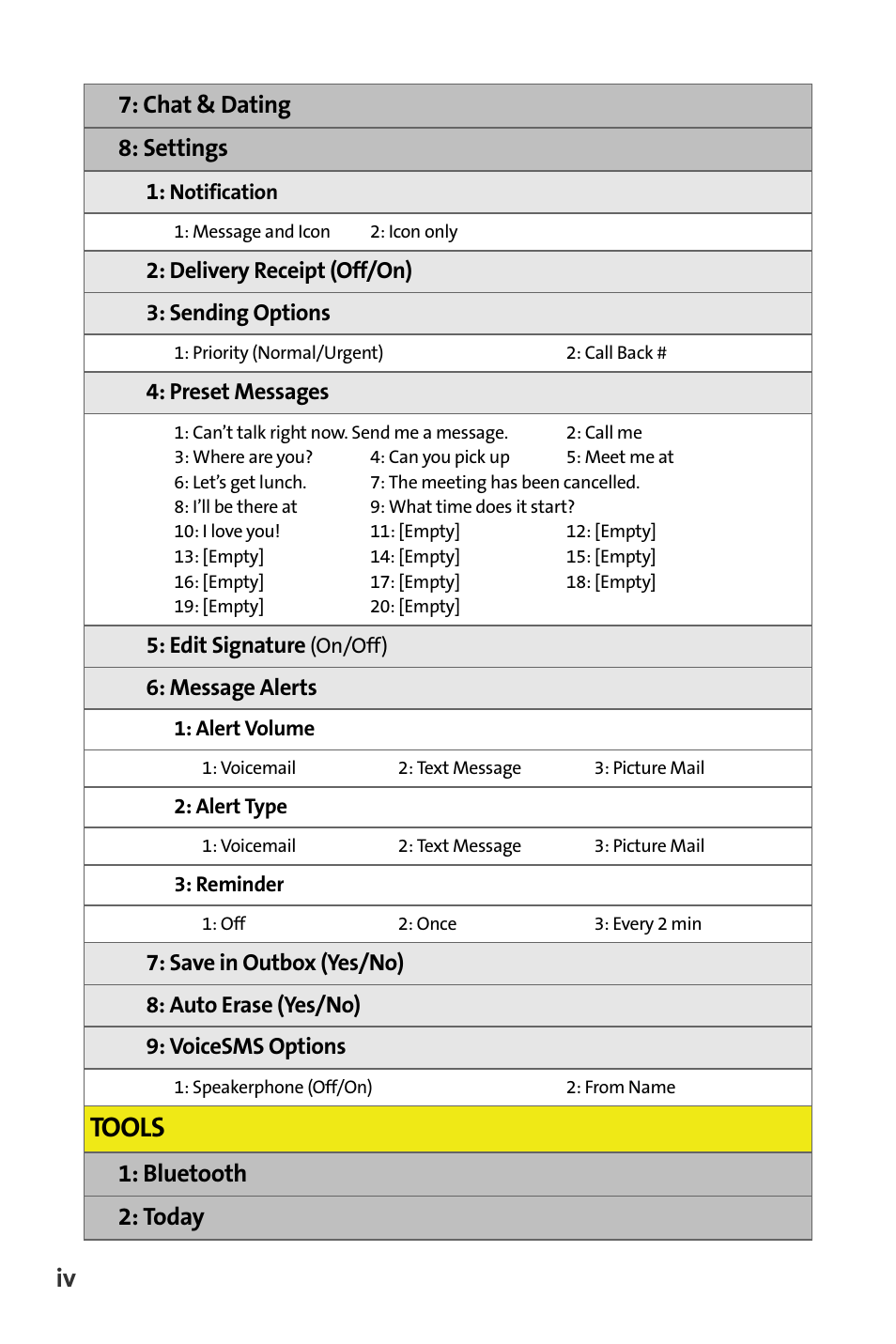 Tools, Chat & dating 8: settings, Bluetooth 2: today | Samsung SPH-M300ISASPR User Manual | Page 12 / 268