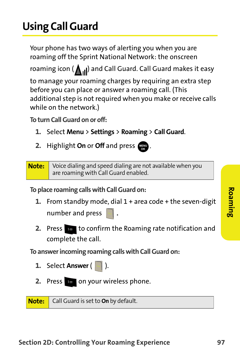 Using call guard, Ro a m in g | Samsung SPH-M300ISASPR User Manual | Page 121 / 268