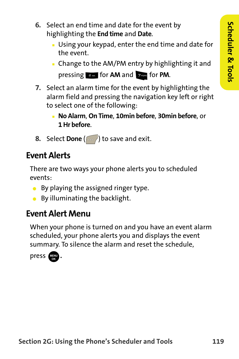 Event alerts, Event alert menu, Scheduler & to ols | Samsung SPH-M300ISASPR User Manual | Page 143 / 268