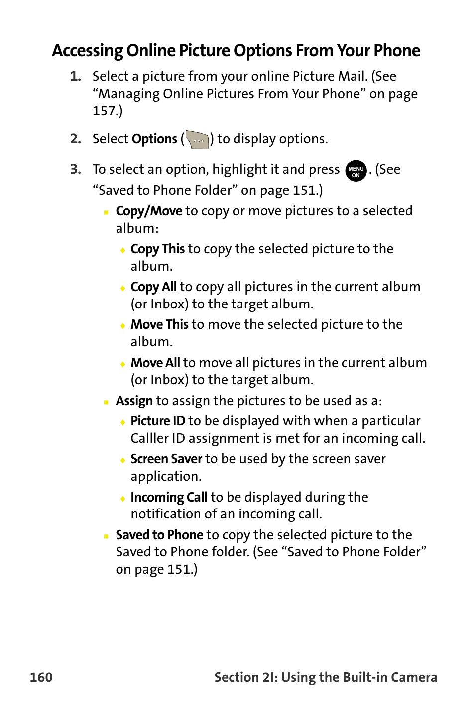 Accessing online picture options from your phone, Select options ( ) to display options, Assign to assign the pictures to be used as a | Samsung SPH-M300ISASPR User Manual | Page 184 / 268