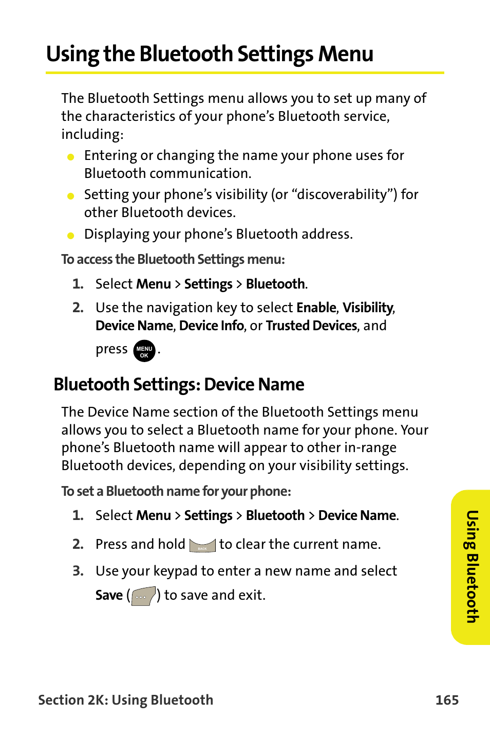 Using the bluetooth settings menu, Bluetooth settings: device name, Usin g b lue to ot h | Samsung SPH-M300ISASPR User Manual | Page 189 / 268