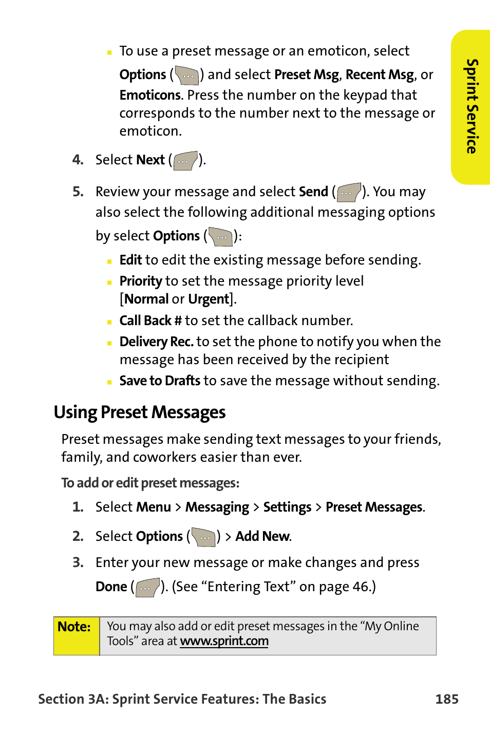 Using preset messages, Sp rint s e rv ice | Samsung SPH-M300ISASPR User Manual | Page 209 / 268