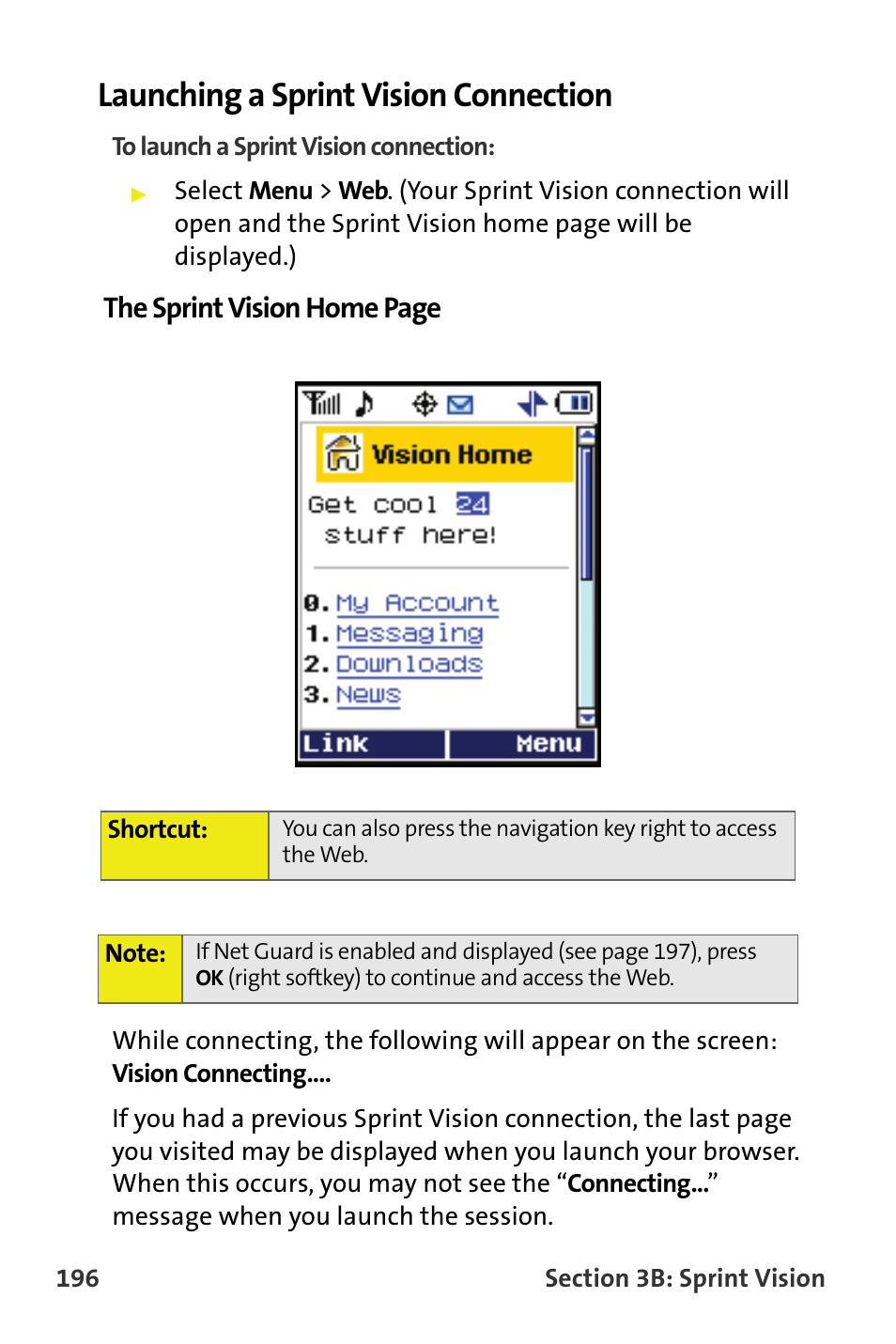 Launching a sprint vision connection, The sprint vision home page | Samsung SPH-M300ISASPR User Manual | Page 220 / 268