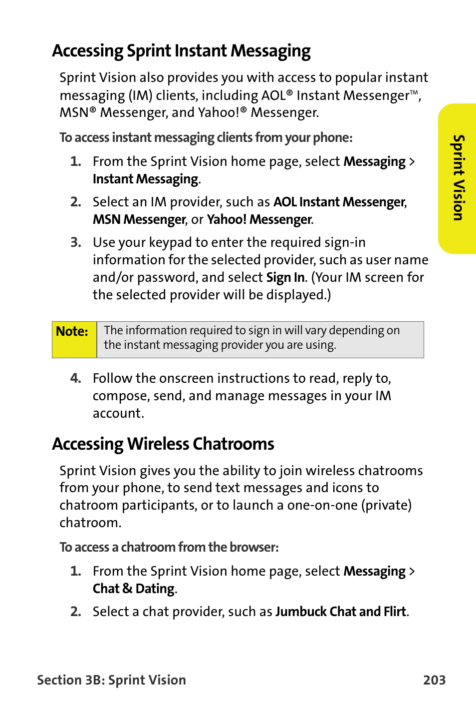 Accessing sprint instant messaging, Accessing wireless chatrooms | Samsung SPH-M300ISASPR User Manual | Page 227 / 268
