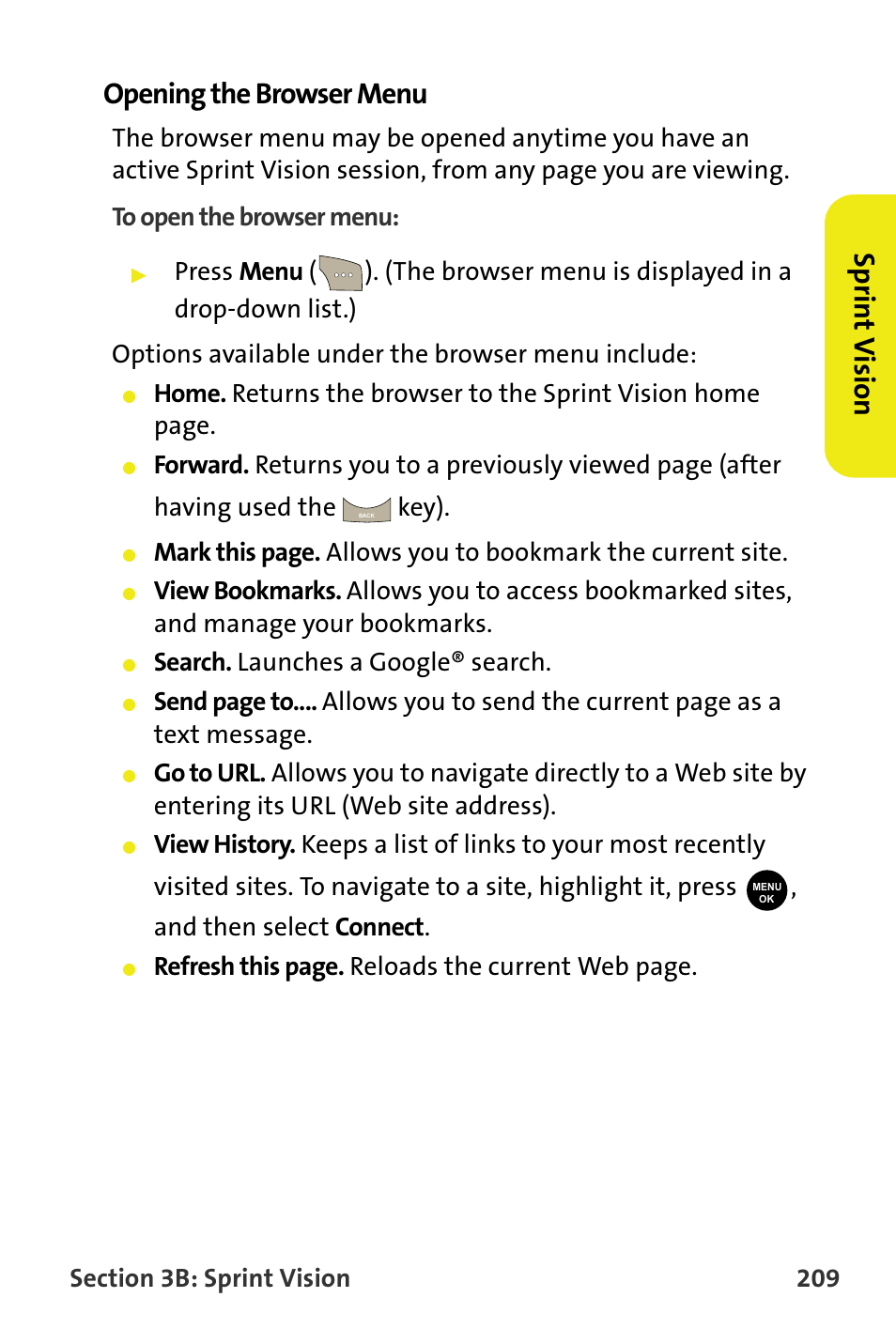 Sp rint vi sio n opening the browser menu, Search. launches a google® search, Refresh this page. reloads the current web page | Samsung SPH-M300ISASPR User Manual | Page 233 / 268