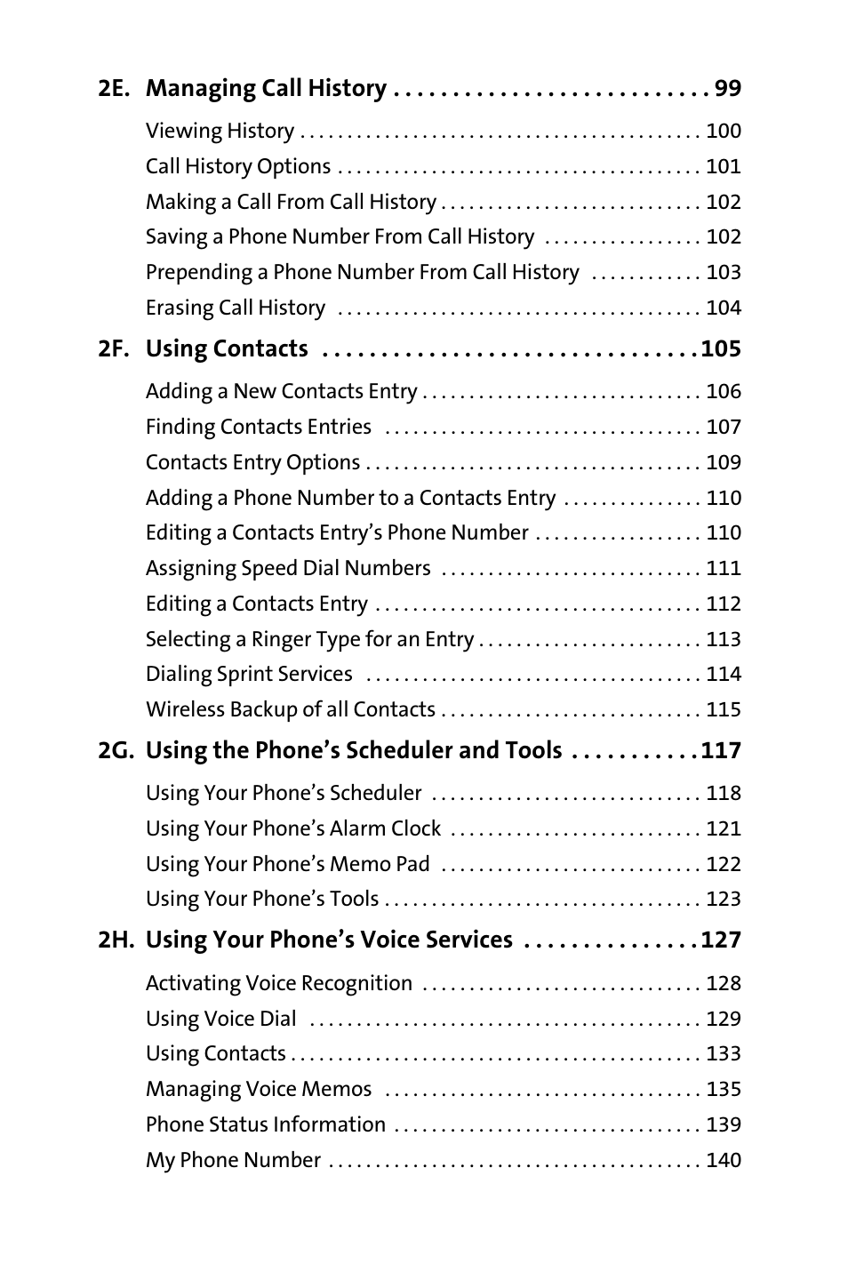 2e. managing call history 99, 2f. using contacts 105, 2g. using the phone’s scheduler and tools 117 | 2h. using your phone’s voice services 127 | Samsung SPH-M300ISASPR User Manual | Page 5 / 268