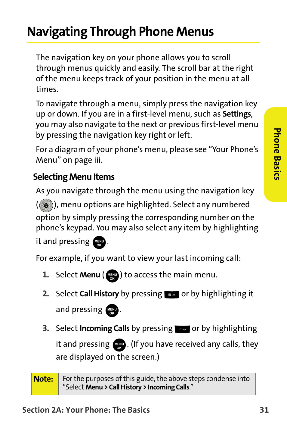 Navigating through phone menus, Phone basics, Selecting menu items | Select menu ( ) to access the main menu | Samsung SPH-M300ISASPR User Manual | Page 55 / 268