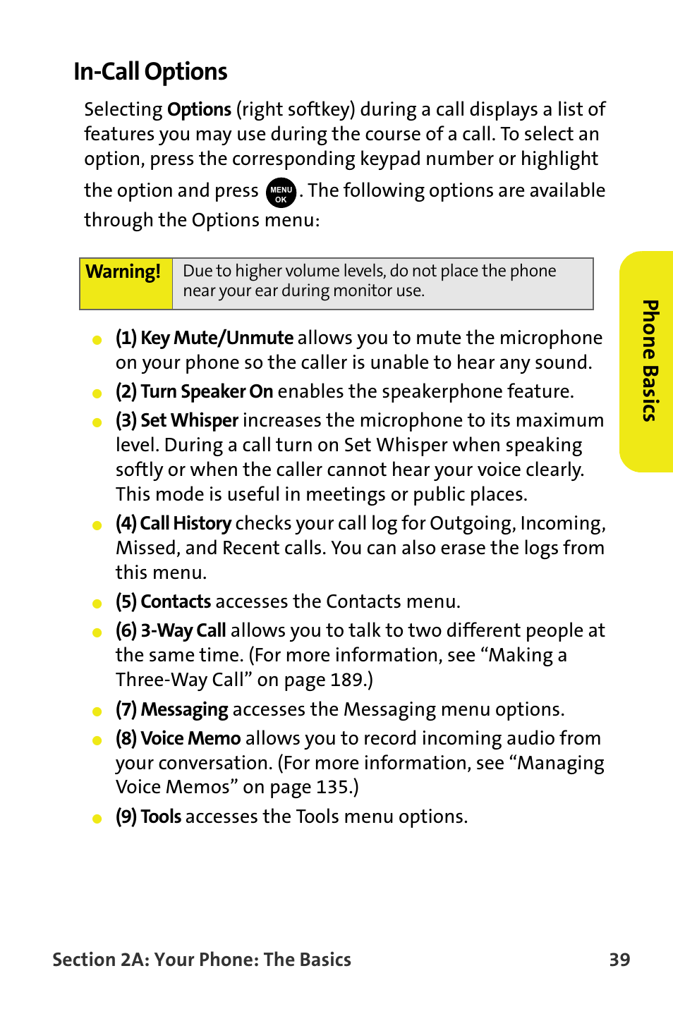 In-call options, Phone basics, 5) contacts accesses the contacts menu | 7) messaging accesses the messaging menu options, 9) tools accesses the tools menu options. warning | Samsung SPH-M300ISASPR User Manual | Page 63 / 268