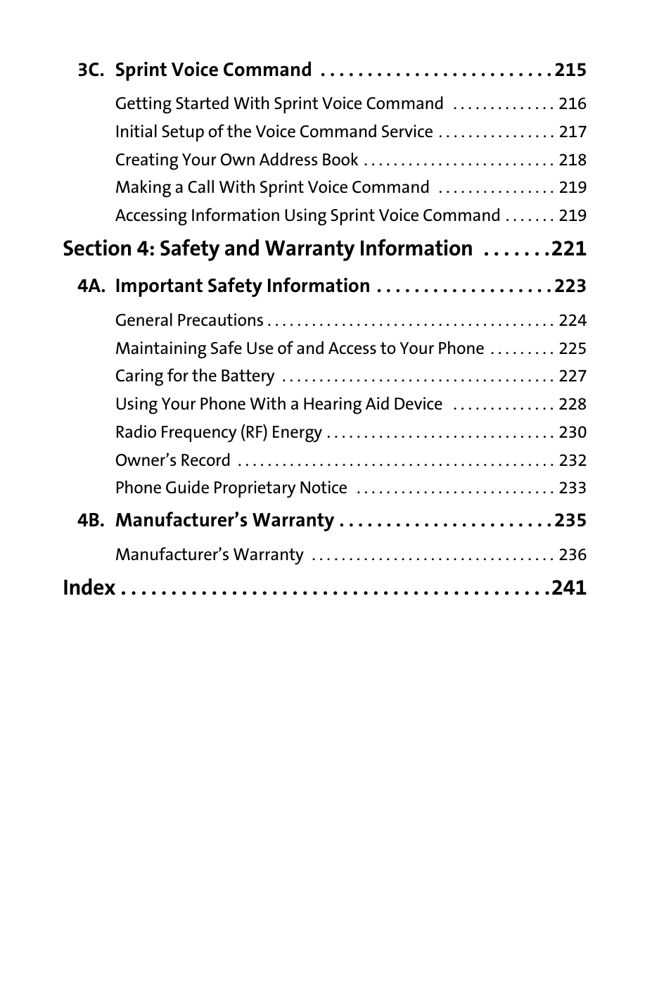 3c. sprint voice command 215, Section 4: safety and warranty information 221, 4a. important safety information 223 | 4b. manufacturer’s warranty 235, Index | Samsung SPH-M300ISASPR User Manual | Page 7 / 268