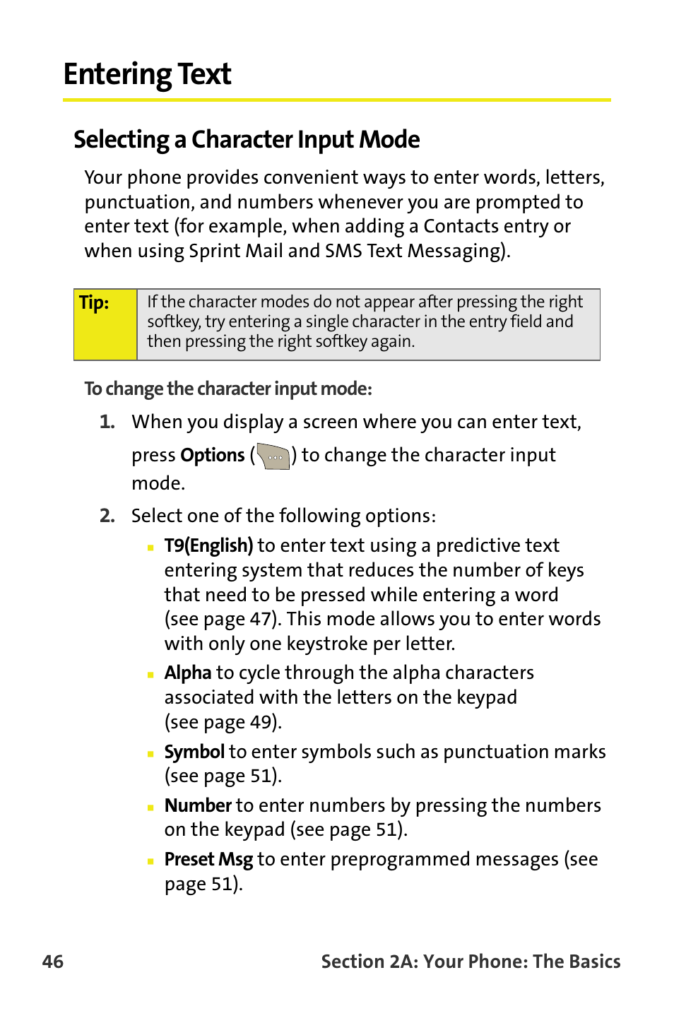 Entering text, Selecting a character input mode | Samsung SPH-M300ISASPR User Manual | Page 70 / 268