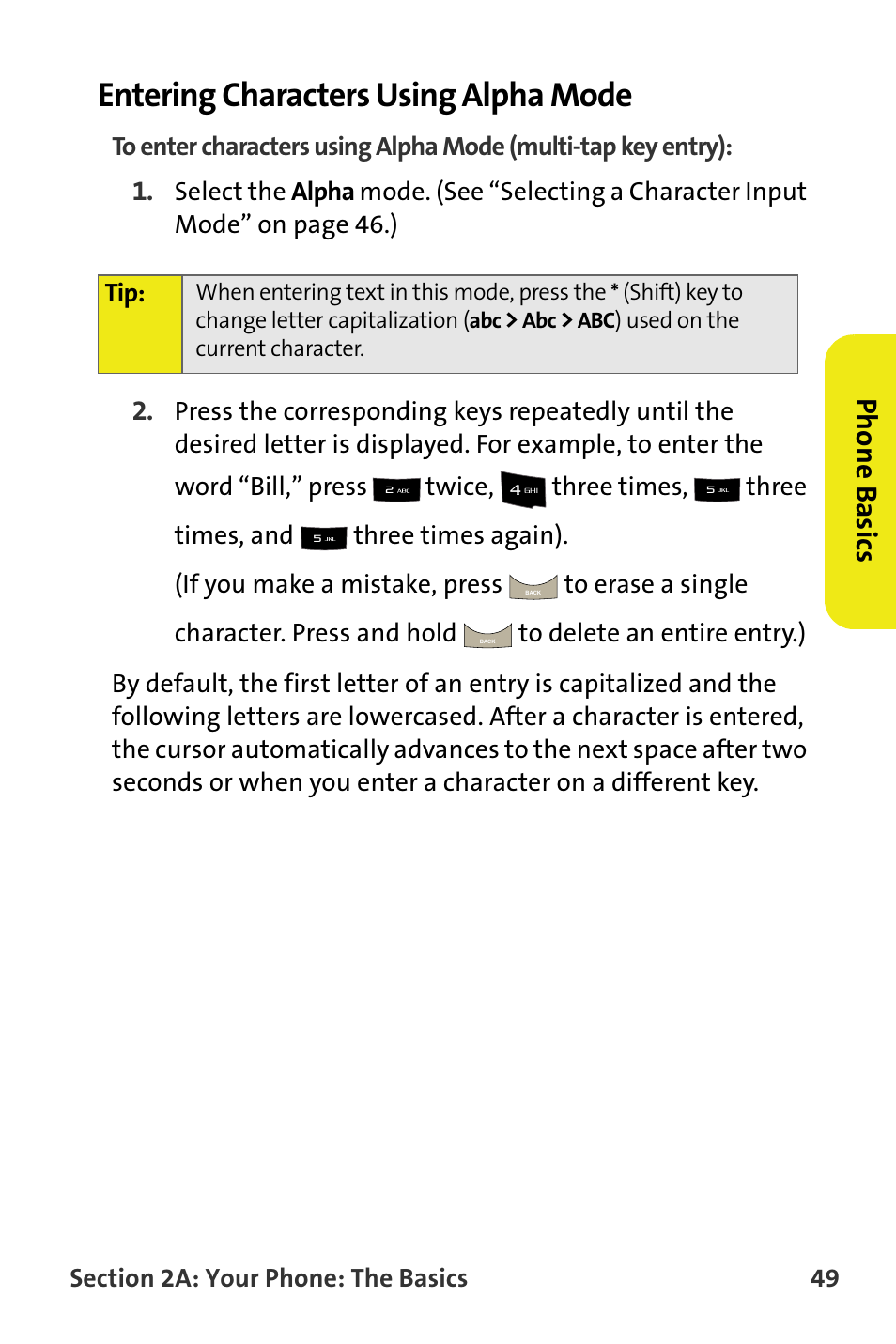 Entering characters using alpha mode, Phone basics | Samsung SPH-M300ISASPR User Manual | Page 73 / 268