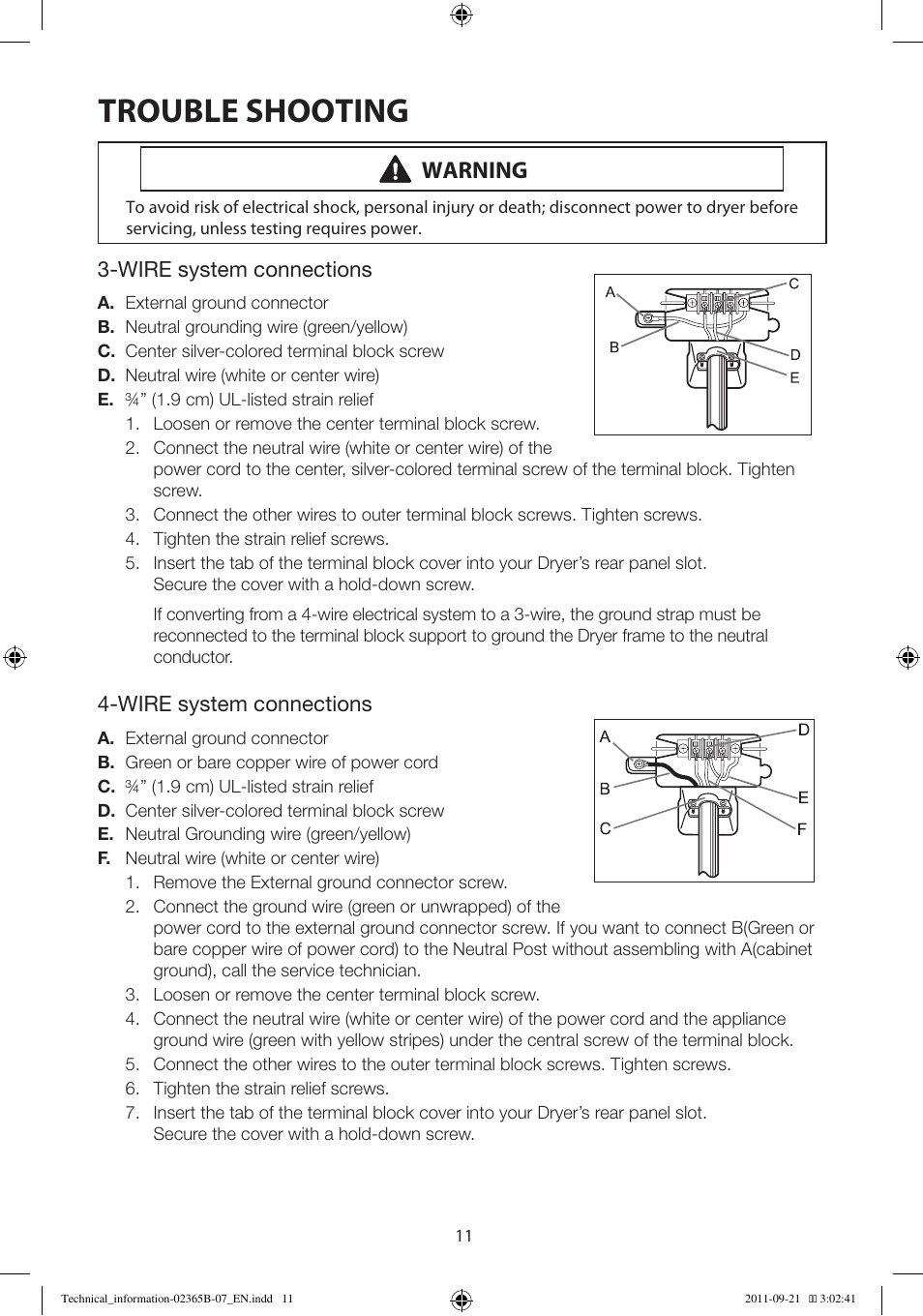 Trouble shooting, Warning | Samsung DV448AEP-XAA User Manual | Page 11 / 12