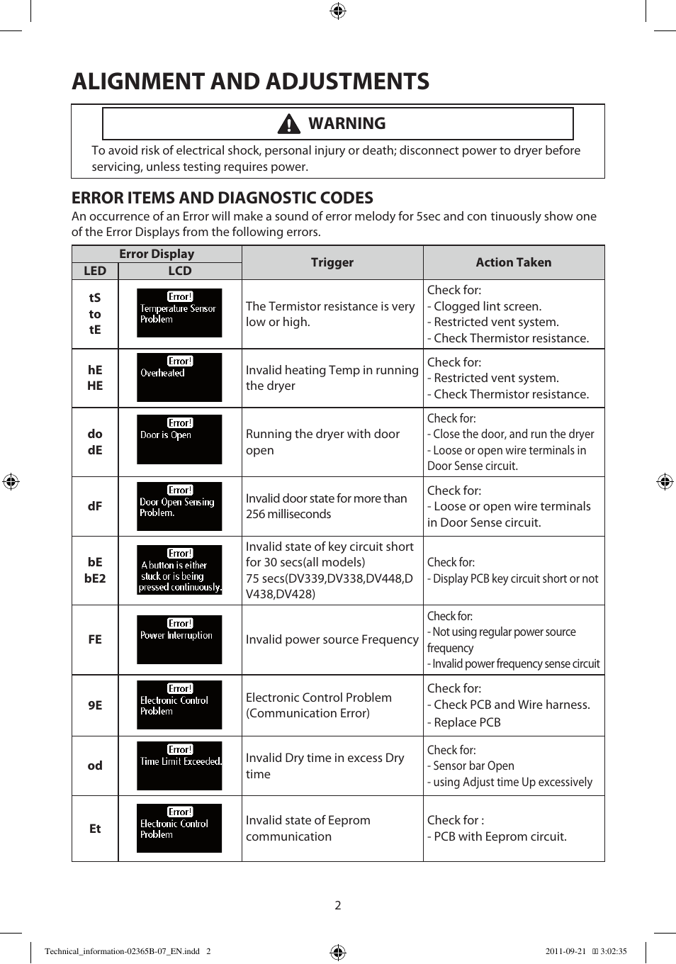 Alignment and adjustments, Error items and diagnostic codes, Warning | Samsung DV448AEP-XAA User Manual | Page 2 / 12