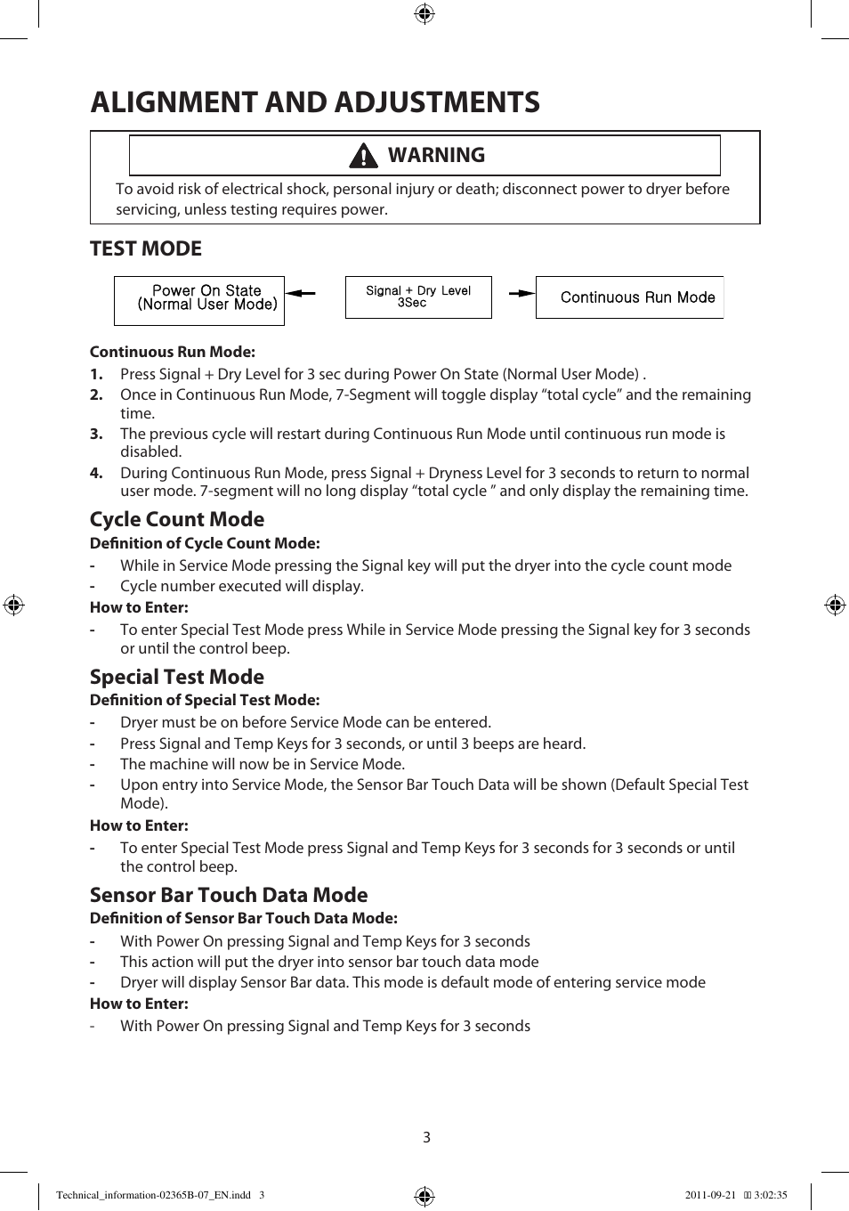 Alignment and adjustments, Test mode, Cycle count mode | Special test mode, Sensor bar touch data mode, Warning | Samsung DV448AEP-XAA User Manual | Page 3 / 12