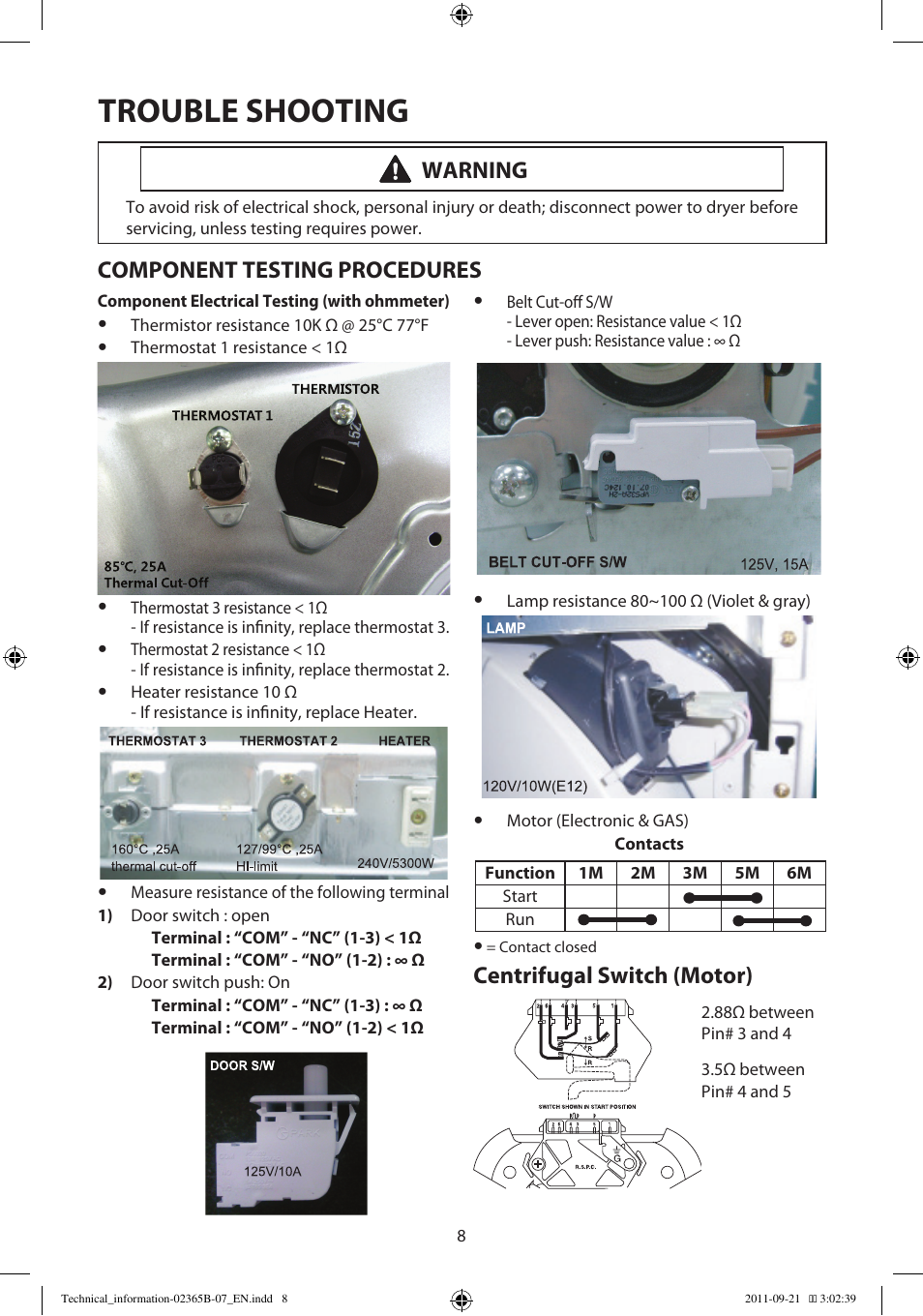 Trouble shooting, Warning, Component testing procedures | Centrifugal switch (motor) | Samsung DV448AEP-XAA User Manual | Page 8 / 12