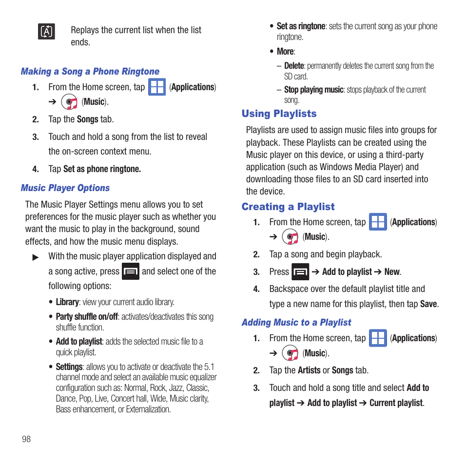 Using playlists, Creating a playlist, Using playlists creating a playlist | Samsung SGH-T499MAWTMB User Manual | Page 102 / 195