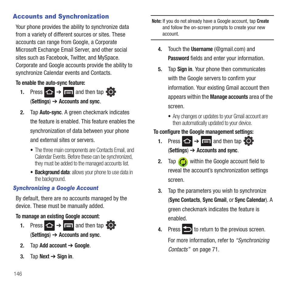 Accounts and synchronization | Samsung SGH-T499MAWTMB User Manual | Page 150 / 195
