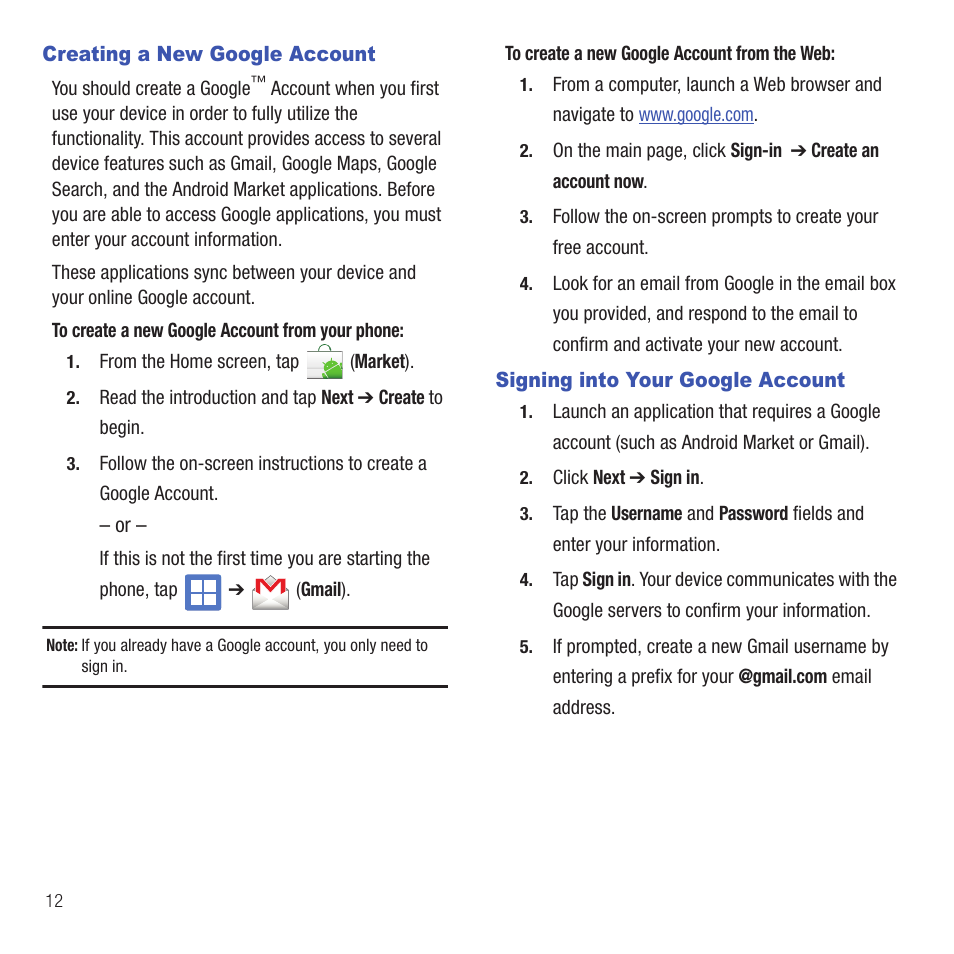 Creating a new google account, Signing into your google account | Samsung SGH-T499MAWTMB User Manual | Page 16 / 195