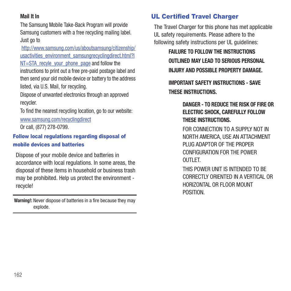 Ul certified travel charger | Samsung SGH-T499MAWTMB User Manual | Page 166 / 195